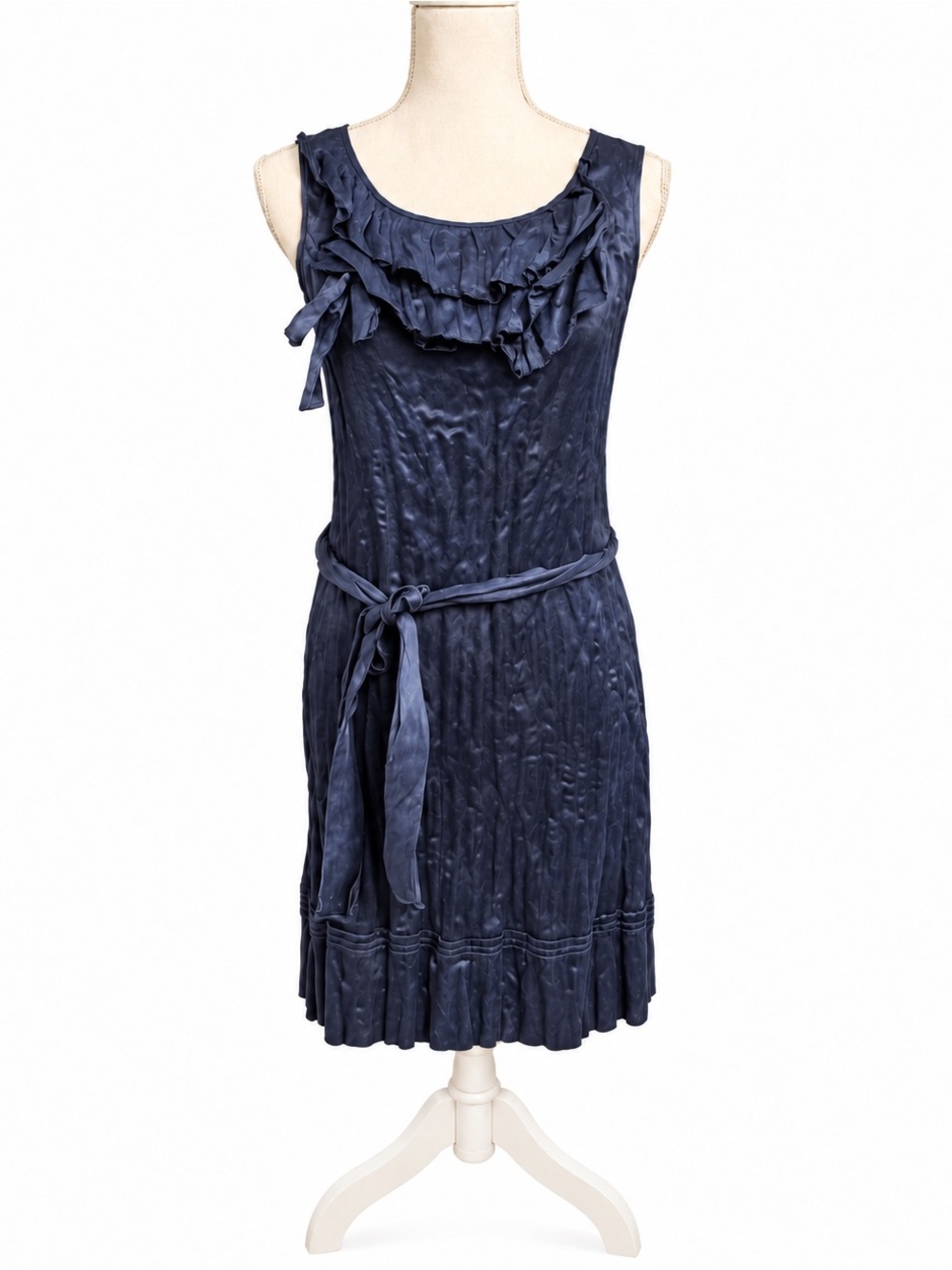 J.Crew Silk Dress Navy Ruffle Belted Sleeveless Lined Size 6 Fall Wedding Guest